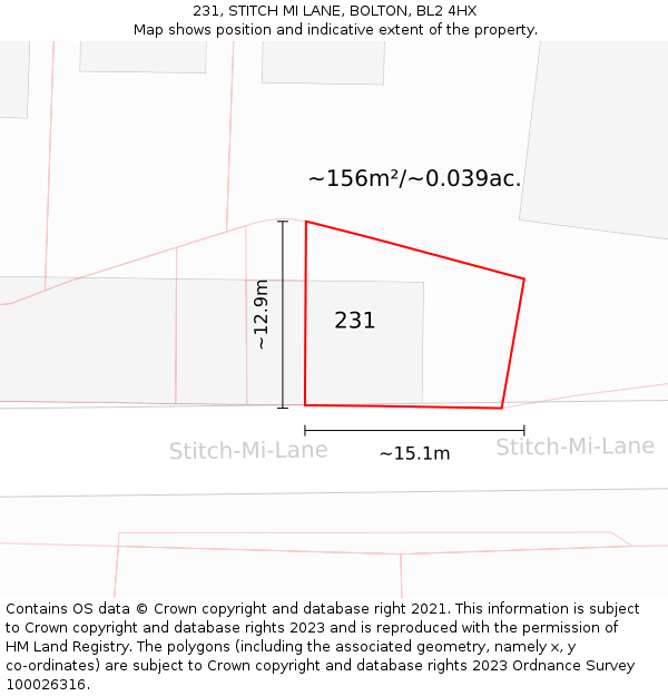 231, STITCH MI LANE, BOLTON, BL2 4HX: Plot and title map