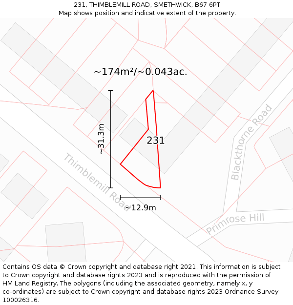 231, THIMBLEMILL ROAD, SMETHWICK, B67 6PT: Plot and title map