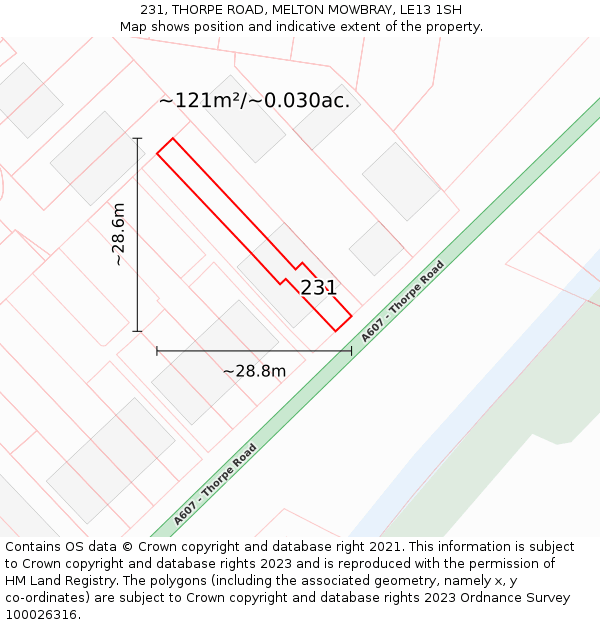 231, THORPE ROAD, MELTON MOWBRAY, LE13 1SH: Plot and title map