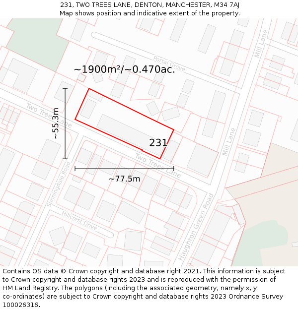 231, TWO TREES LANE, DENTON, MANCHESTER, M34 7AJ: Plot and title map