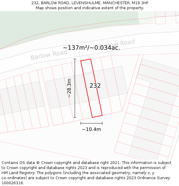 232, BARLOW ROAD, LEVENSHULME, MANCHESTER, M19 3HF: Plot and title map
