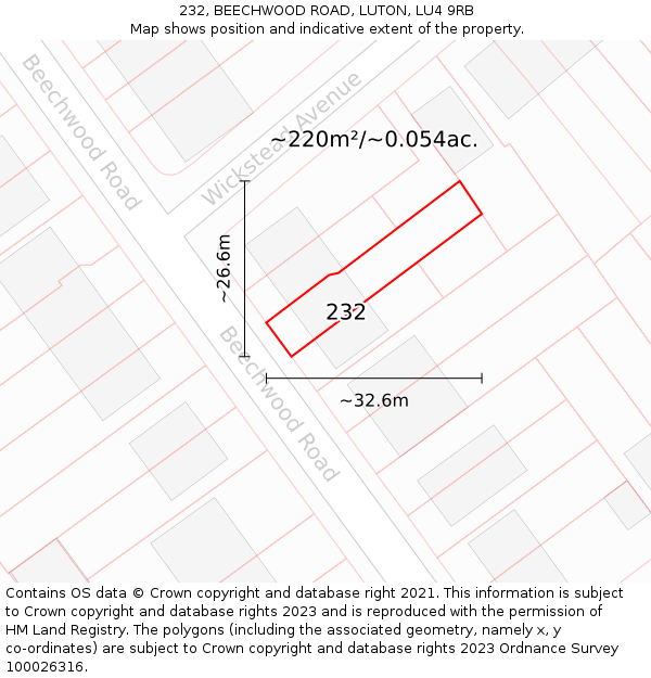 232, BEECHWOOD ROAD, LUTON, LU4 9RB: Plot and title map