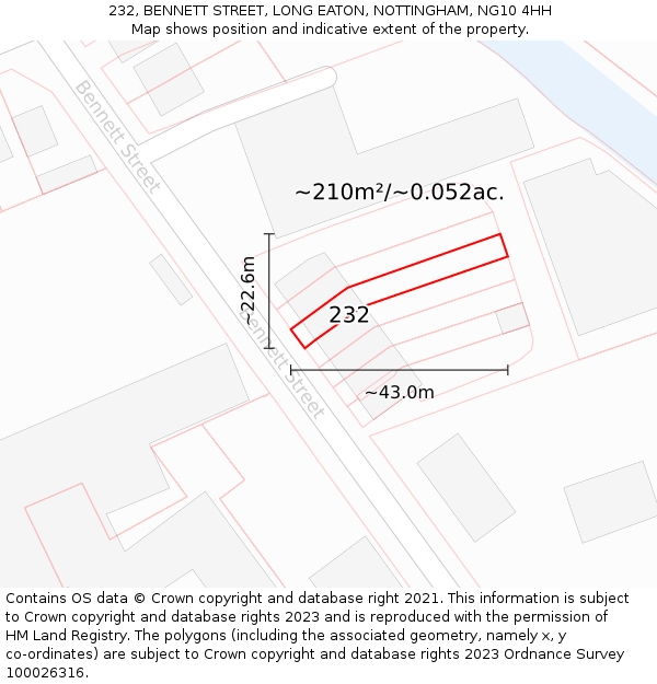 232, BENNETT STREET, LONG EATON, NOTTINGHAM, NG10 4HH: Plot and title map