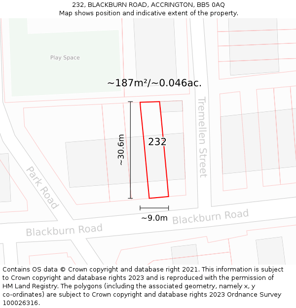 232, BLACKBURN ROAD, ACCRINGTON, BB5 0AQ: Plot and title map