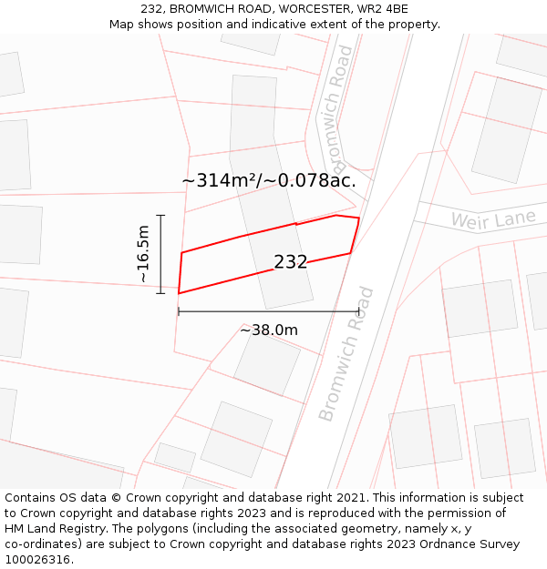 232, BROMWICH ROAD, WORCESTER, WR2 4BE: Plot and title map