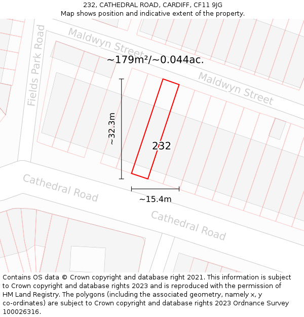 232, CATHEDRAL ROAD, CARDIFF, CF11 9JG: Plot and title map