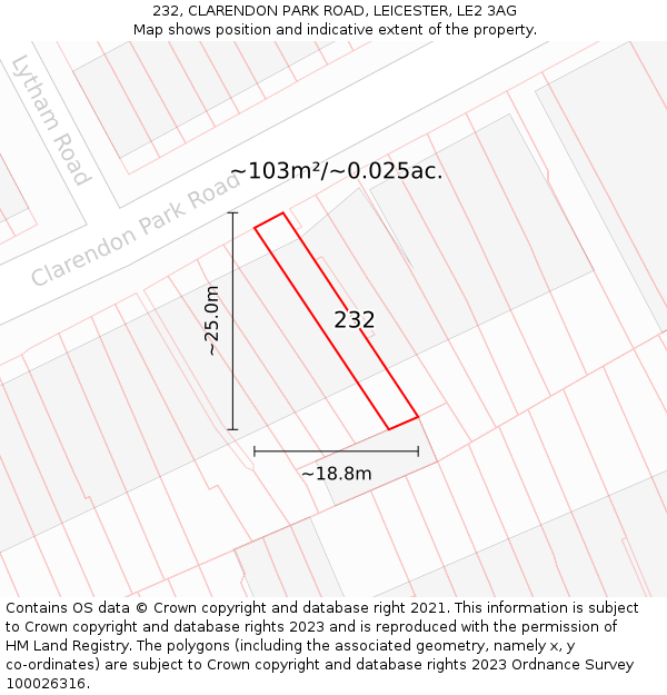 232, CLARENDON PARK ROAD, LEICESTER, LE2 3AG: Plot and title map