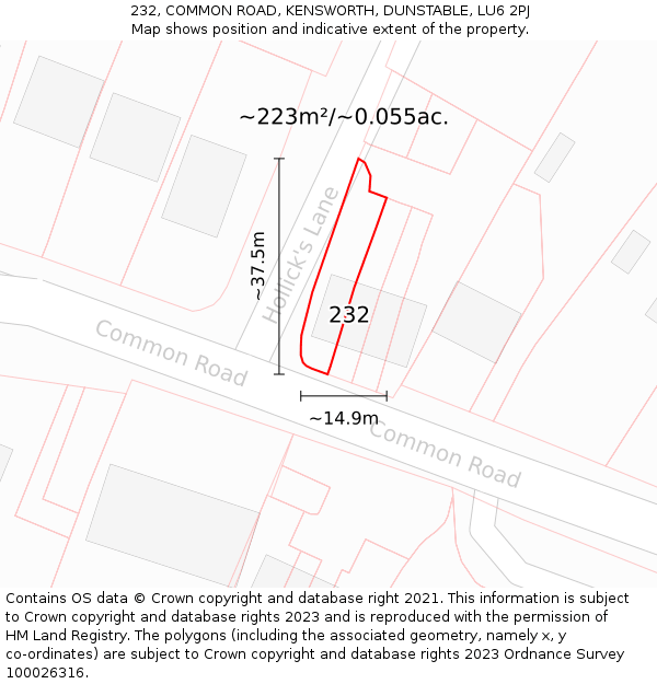 232, COMMON ROAD, KENSWORTH, DUNSTABLE, LU6 2PJ: Plot and title map