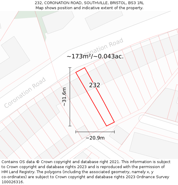 232, CORONATION ROAD, SOUTHVILLE, BRISTOL, BS3 1RL: Plot and title map