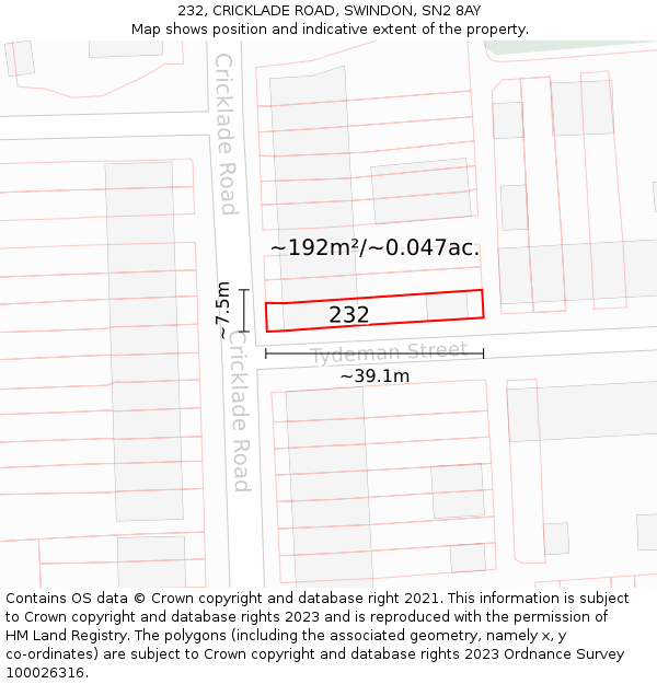 232, CRICKLADE ROAD, SWINDON, SN2 8AY: Plot and title map