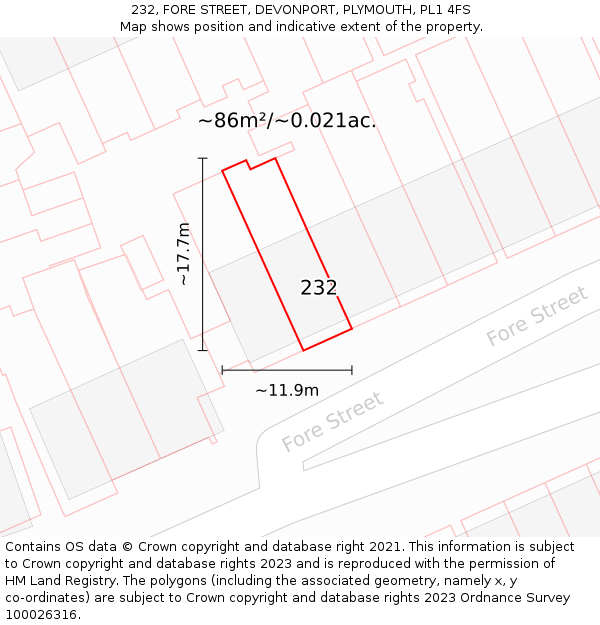 232, FORE STREET, DEVONPORT, PLYMOUTH, PL1 4FS: Plot and title map