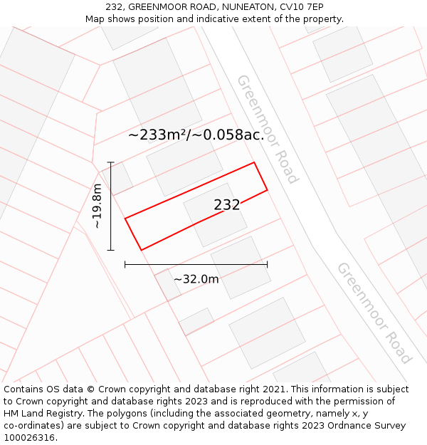 232, GREENMOOR ROAD, NUNEATON, CV10 7EP: Plot and title map