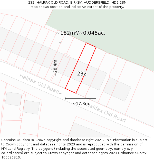 232, HALIFAX OLD ROAD, BIRKBY, HUDDERSFIELD, HD2 2SN: Plot and title map
