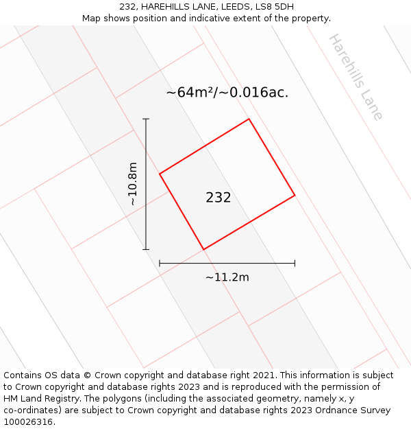 232, HAREHILLS LANE, LEEDS, LS8 5DH: Plot and title map