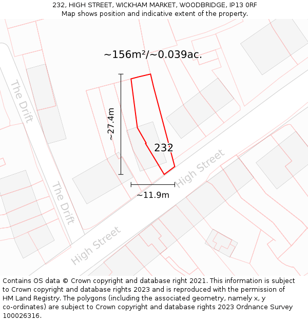 232, HIGH STREET, WICKHAM MARKET, WOODBRIDGE, IP13 0RF: Plot and title map