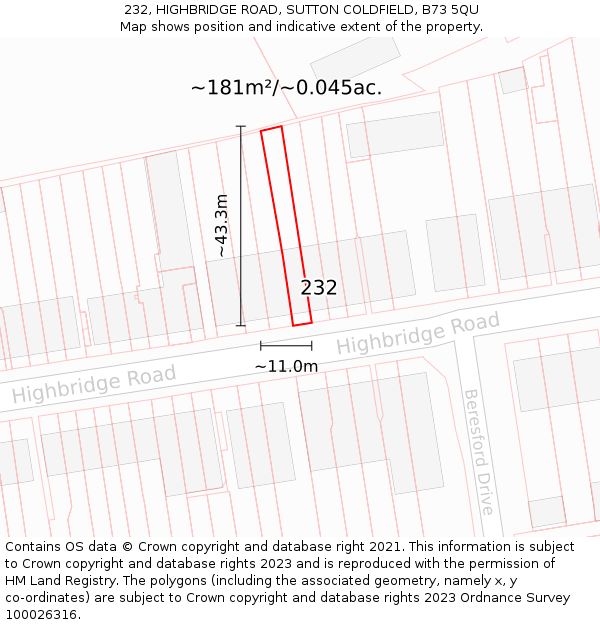 232, HIGHBRIDGE ROAD, SUTTON COLDFIELD, B73 5QU: Plot and title map