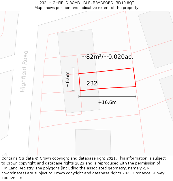 232, HIGHFIELD ROAD, IDLE, BRADFORD, BD10 8QT: Plot and title map