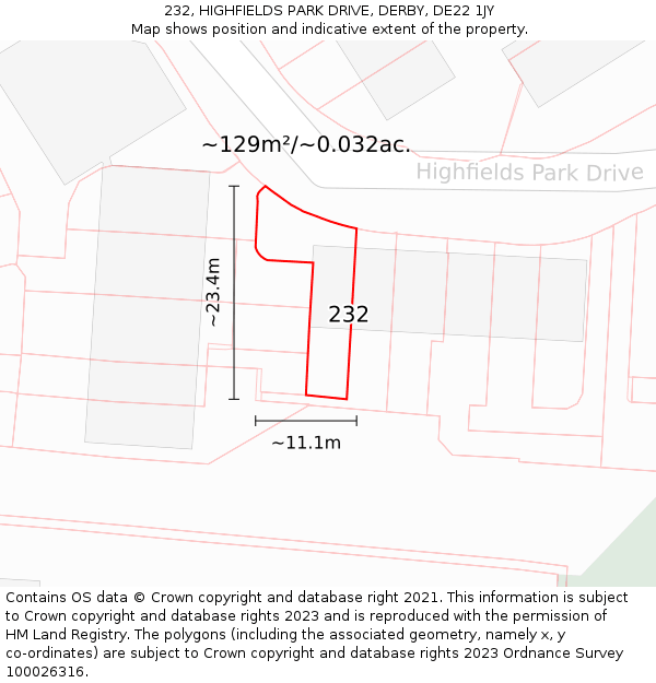 232, HIGHFIELDS PARK DRIVE, DERBY, DE22 1JY: Plot and title map