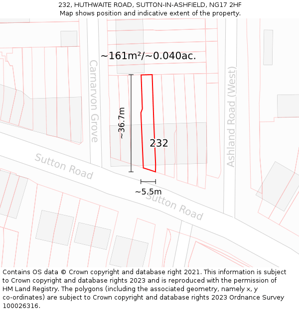 232, HUTHWAITE ROAD, SUTTON-IN-ASHFIELD, NG17 2HF: Plot and title map