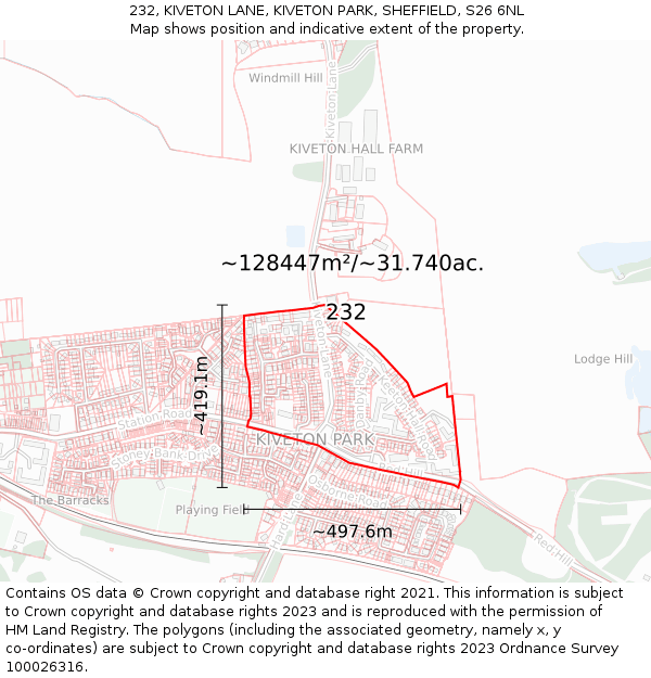 232, KIVETON LANE, KIVETON PARK, SHEFFIELD, S26 6NL: Plot and title map