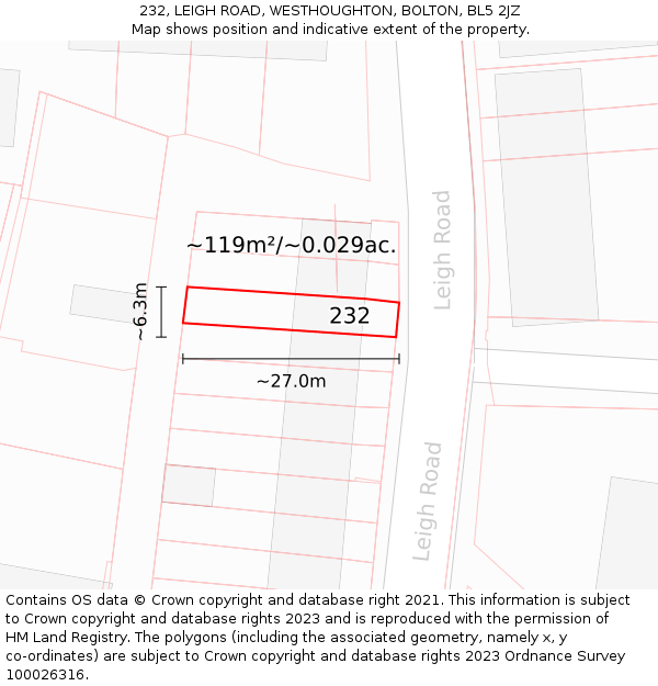 232, LEIGH ROAD, WESTHOUGHTON, BOLTON, BL5 2JZ: Plot and title map