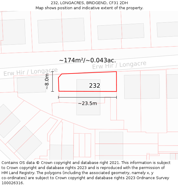 232, LONGACRES, BRIDGEND, CF31 2DH: Plot and title map