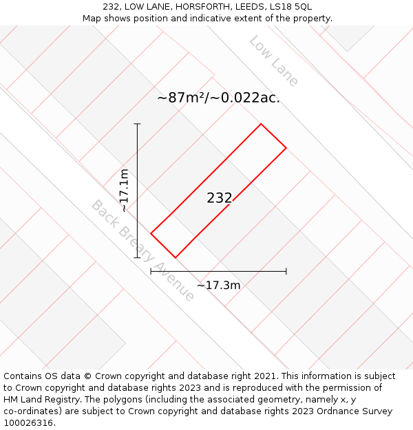 232, LOW LANE, HORSFORTH, LEEDS, LS18 5QL: Plot and title map