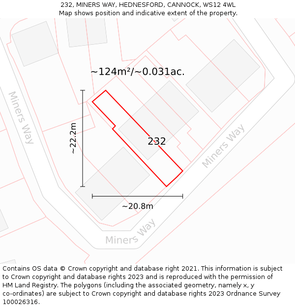 232, MINERS WAY, HEDNESFORD, CANNOCK, WS12 4WL: Plot and title map