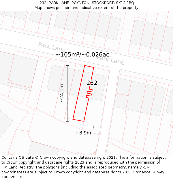 232, PARK LANE, POYNTON, STOCKPORT, SK12 1RQ: Plot and title map