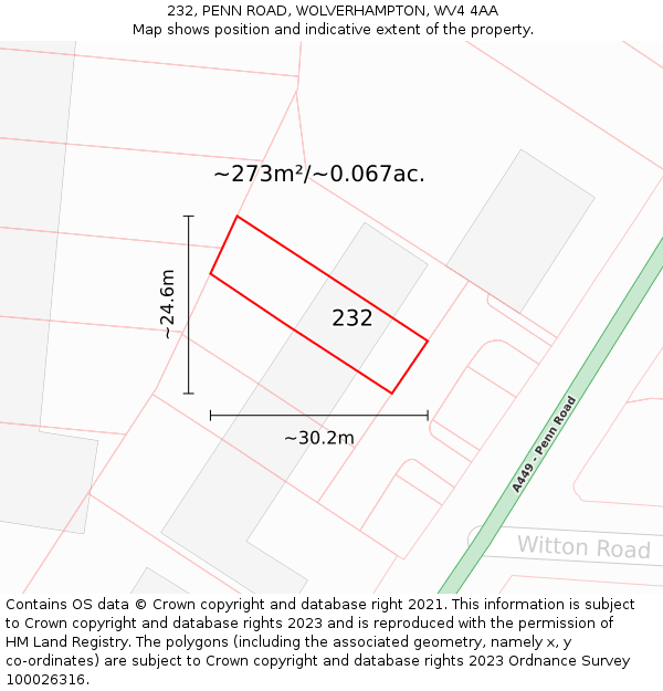 232, PENN ROAD, WOLVERHAMPTON, WV4 4AA: Plot and title map