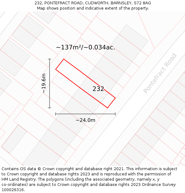 232, PONTEFRACT ROAD, CUDWORTH, BARNSLEY, S72 8AG: Plot and title map