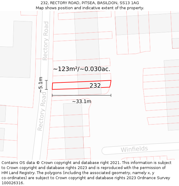 232, RECTORY ROAD, PITSEA, BASILDON, SS13 1AG: Plot and title map