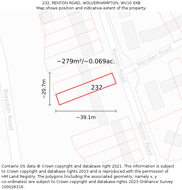 232, RENTON ROAD, WOLVERHAMPTON, WV10 6XB: Plot and title map