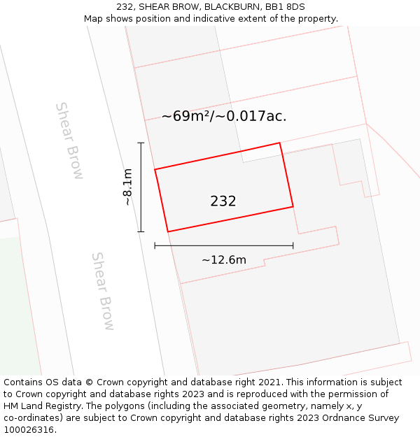 232, SHEAR BROW, BLACKBURN, BB1 8DS: Plot and title map