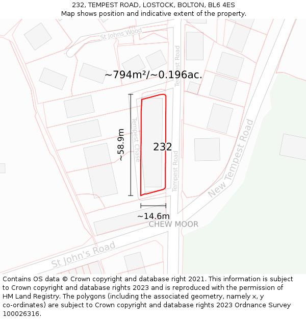 232, TEMPEST ROAD, LOSTOCK, BOLTON, BL6 4ES: Plot and title map
