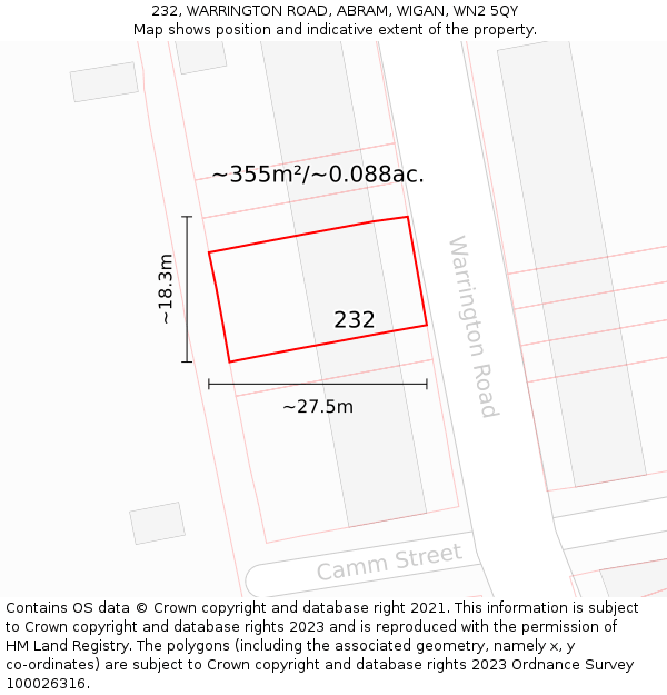 232, WARRINGTON ROAD, ABRAM, WIGAN, WN2 5QY: Plot and title map