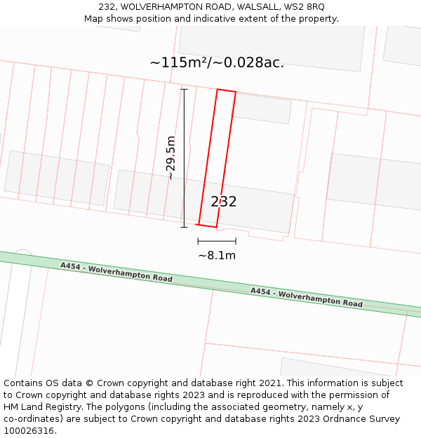 232, WOLVERHAMPTON ROAD, WALSALL, WS2 8RQ: Plot and title map