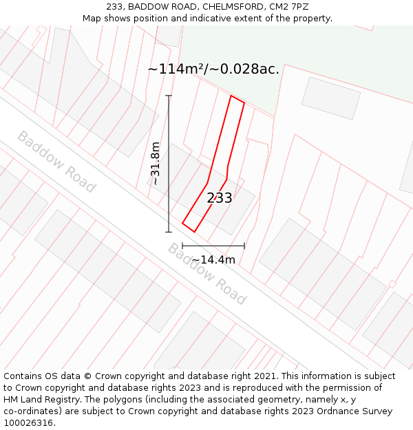 233, BADDOW ROAD, CHELMSFORD, CM2 7PZ: Plot and title map