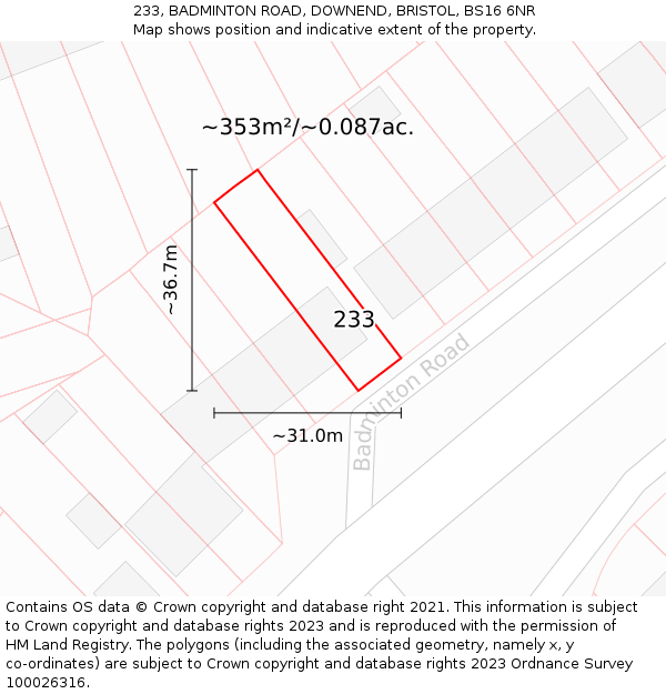 233, BADMINTON ROAD, DOWNEND, BRISTOL, BS16 6NR: Plot and title map