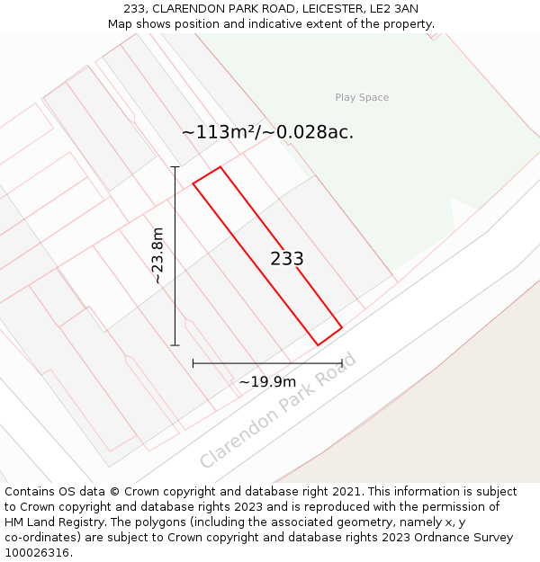 233, CLARENDON PARK ROAD, LEICESTER, LE2 3AN: Plot and title map