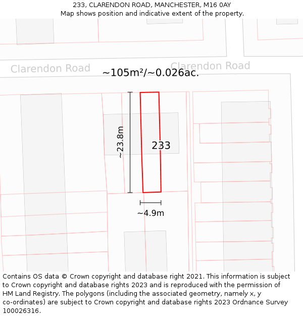 233, CLARENDON ROAD, MANCHESTER, M16 0AY: Plot and title map