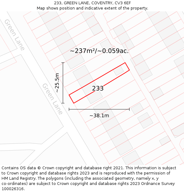 233, GREEN LANE, COVENTRY, CV3 6EF: Plot and title map