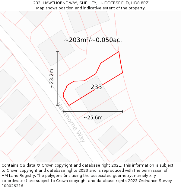233, HAWTHORNE WAY, SHELLEY, HUDDERSFIELD, HD8 8PZ: Plot and title map