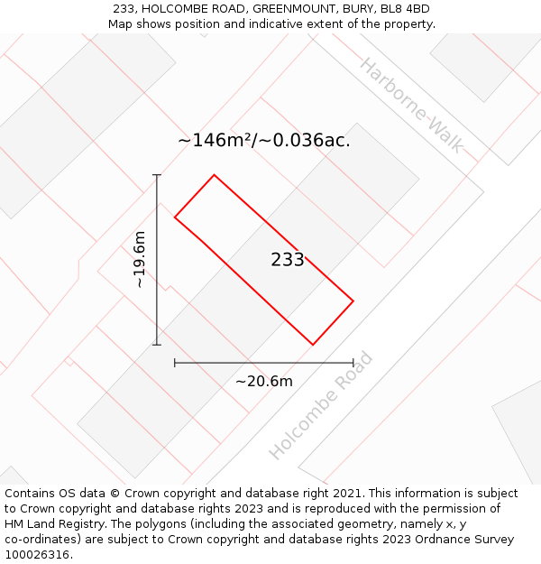 233, HOLCOMBE ROAD, GREENMOUNT, BURY, BL8 4BD: Plot and title map