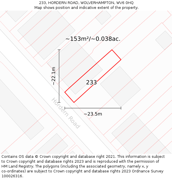 233, HORDERN ROAD, WOLVERHAMPTON, WV6 0HQ: Plot and title map