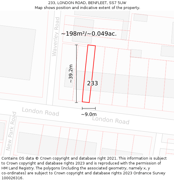 233, LONDON ROAD, BENFLEET, SS7 5UW: Plot and title map