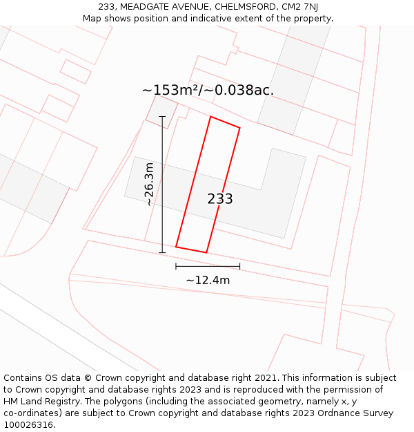 233, MEADGATE AVENUE, CHELMSFORD, CM2 7NJ: Plot and title map