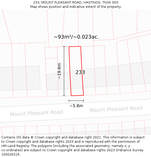 233, MOUNT PLEASANT ROAD, HASTINGS, TN34 3SS: Plot and title map