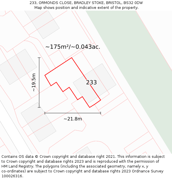 233, ORMONDS CLOSE, BRADLEY STOKE, BRISTOL, BS32 0DW: Plot and title map