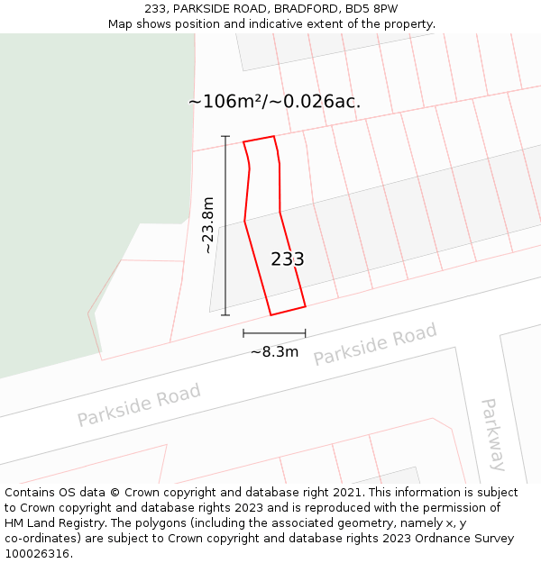233, PARKSIDE ROAD, BRADFORD, BD5 8PW: Plot and title map
